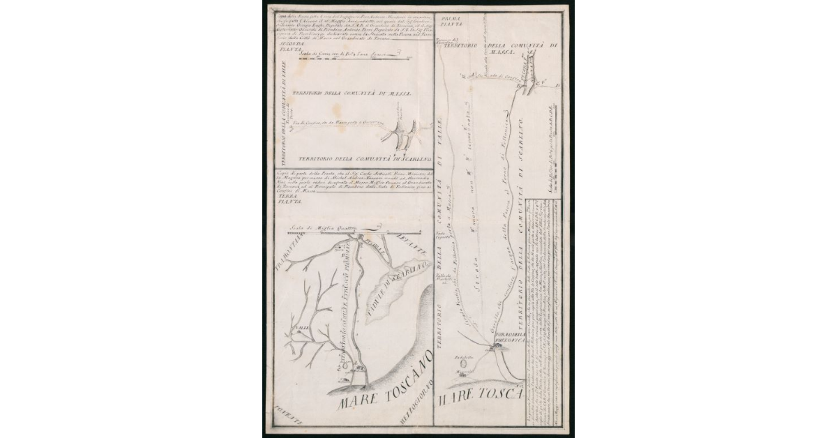 [Pianta del confine giurisdizionale tra Granducato di Toscana e Principato di Piombino dalle steccaie di Pecora e di Ronna a Follonica]