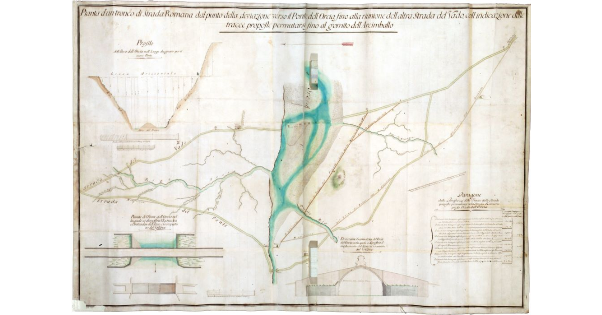Pianta d’un tronco di Strada Romana dal punto della deviazione verso il Ponte dell’Orcia fino la riunione dell’altra Strada del Vado, coll’indicazione delle tracce proposte permutarsi fino al gomito dell’Arcimballo
