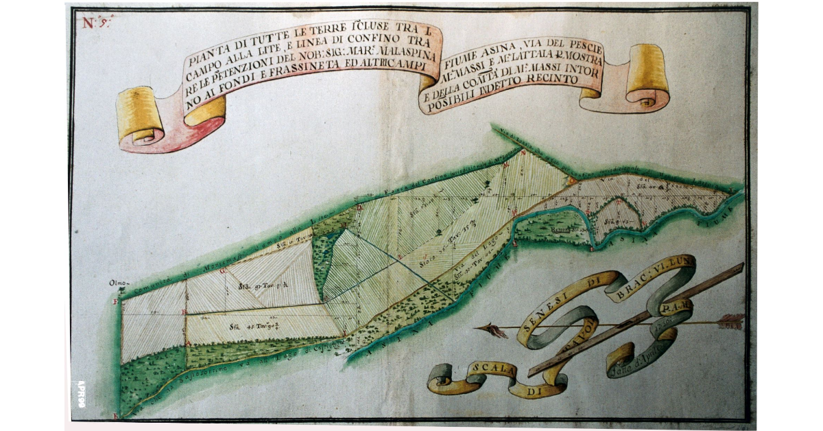 Pianta di tutte le terre incluse tra l fiume Asina, Via del Pescie, Campo alla Lite, e linea di confino tra Monte Massi e Monte Lattaia per mostrare le pretenzioni del Nobile Signore Marchese Malaspina e della Comunità di Monte Massi intorno ai fondi e Frassineta ed altri campi possibili in detto recinto