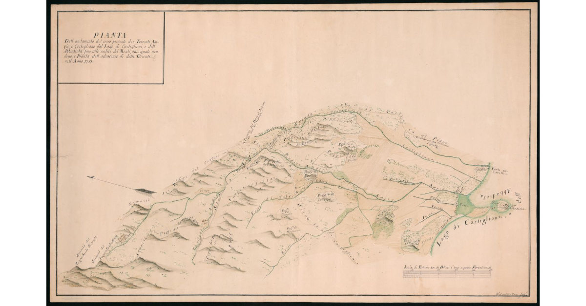Pianta dell'andamento del corso presente dei torrenti Ampio e Cortigliano dal Lago di Castiglioni o dell'Abbadiola fino alle radici dei Monti dai quali scendono e parte delle adiacenze di detti torrenti nell'anno 1781