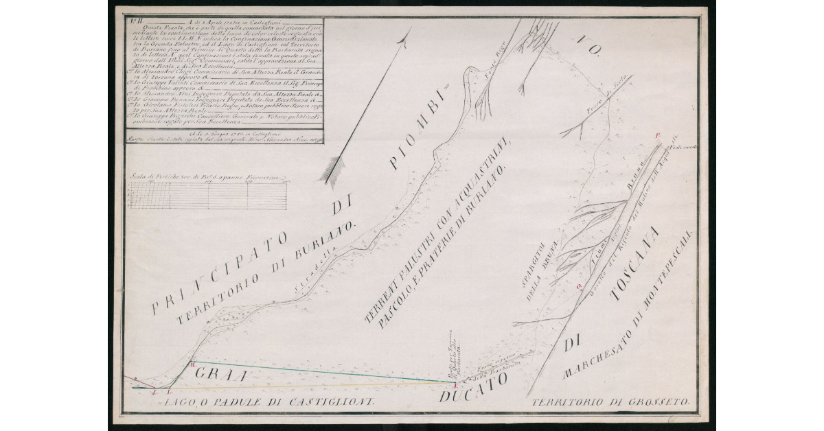 [Pianta del confine giurisdizionale tra Granducato di Toscana e Principato di Piombino nel territorio di Buriano e Montepescali]