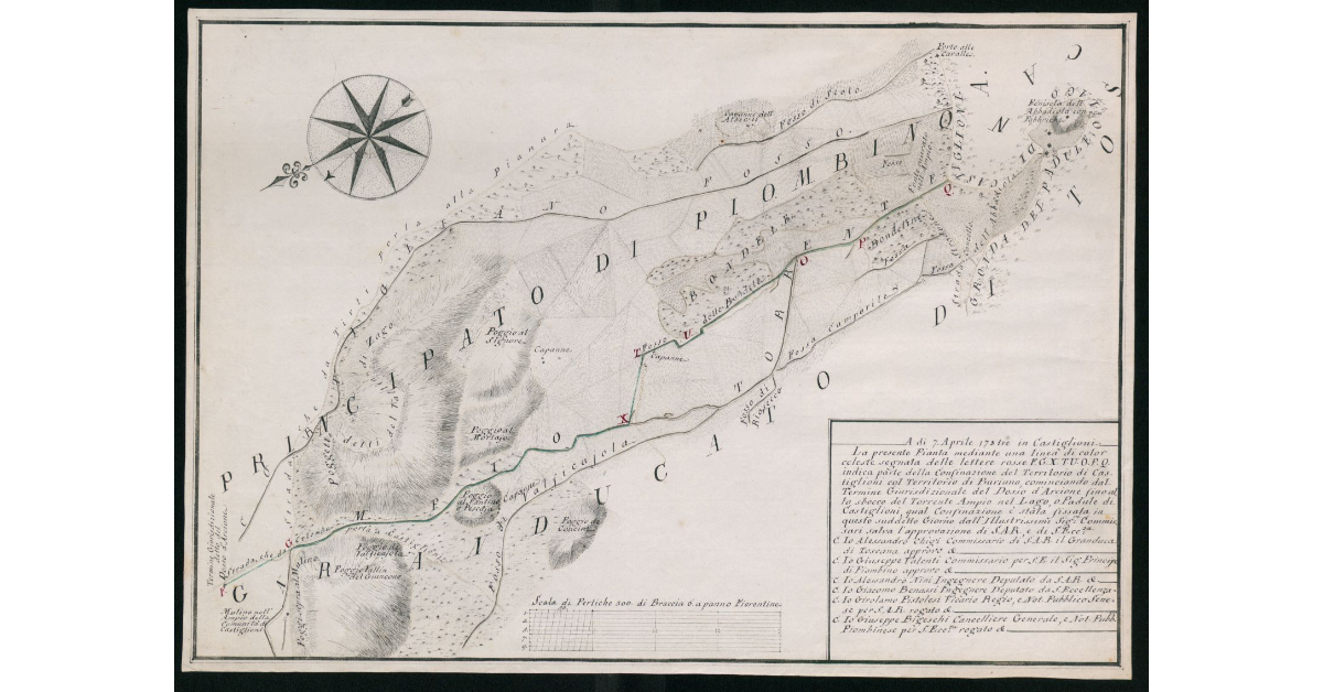 [Pianta del confine giurisdizionale tra il Granducato di Toscana e il Principato di Piombino dal mulino sull'Ampio al piano e penisola dell'Abbadiola]