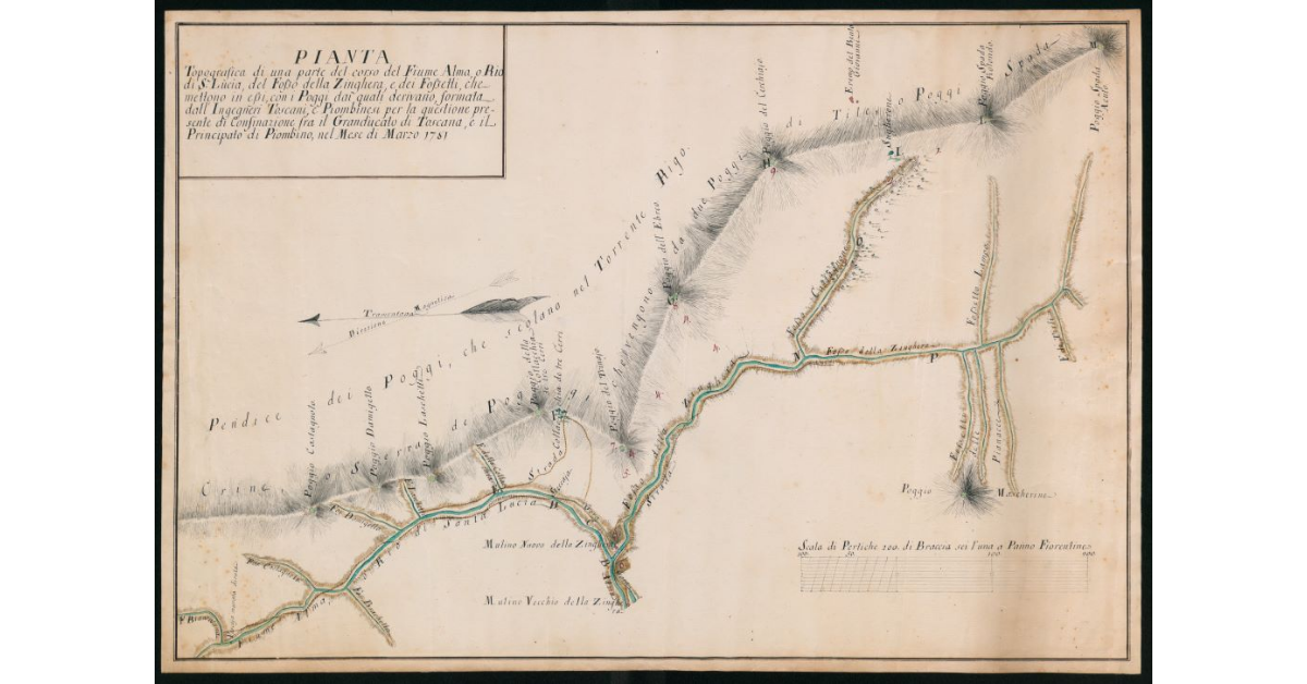 Pianta topografica di una parte del corso del fiume Alma o Rio di S.Lucia, del fosso della Zinghera e dei fossetti che mettono in esso, con i poggi dai quali derivano formata dall'ingegneri toscani e piombinesi per la questione presente di confinazione tra il Granducato di Toscana e il Principato di Piombino