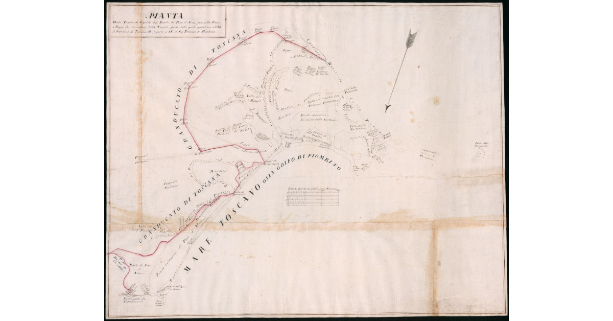 Pianta della tenuta di Gualdo dal Padule di Plan d'Alma fino alla Troia e poggi che circondano detta tenuta parte della quale appartiene a S.A.R. il Granduca di Toscana e parte a S.E. il principe di Piombino