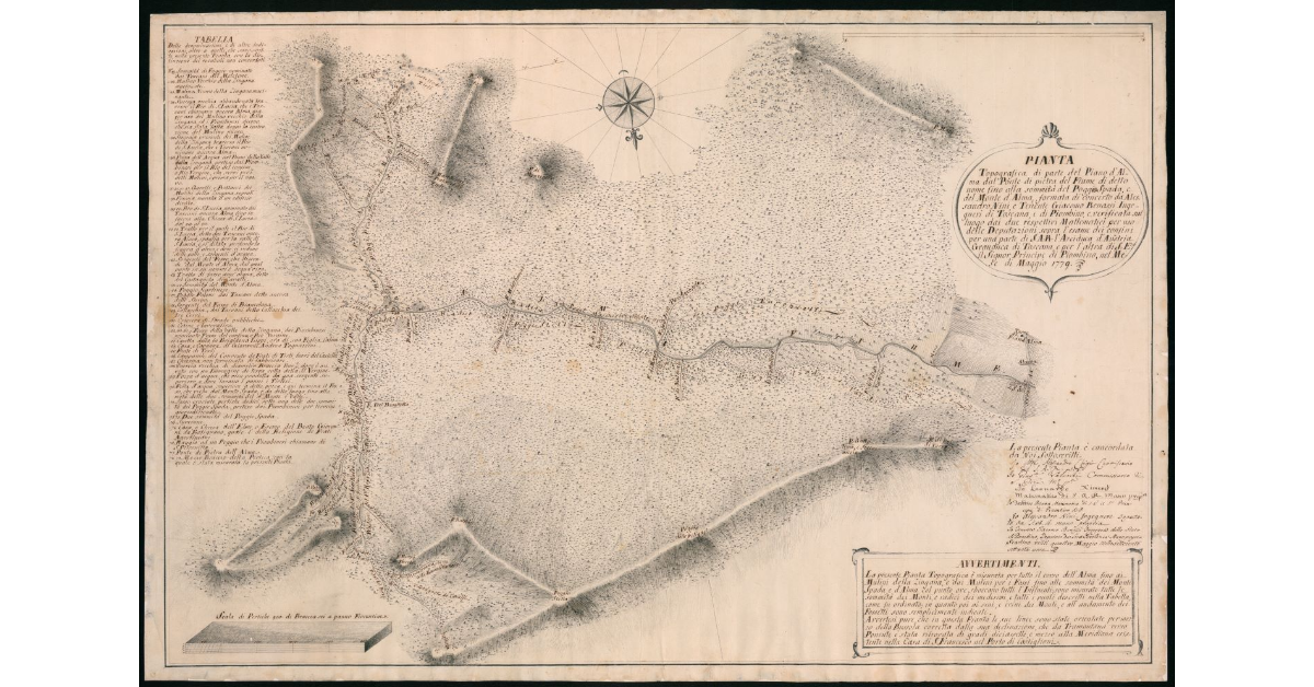 Pianta topografica di parte del piano d' Alma dal ponte di pietra del fiume di detto nome fino alla sommità del Poggio Spada e del Monte d'Alma formata di concerto da Alessandro Nini e tenente Giacomo Benassi ingegneri di Toscana e di Piombino