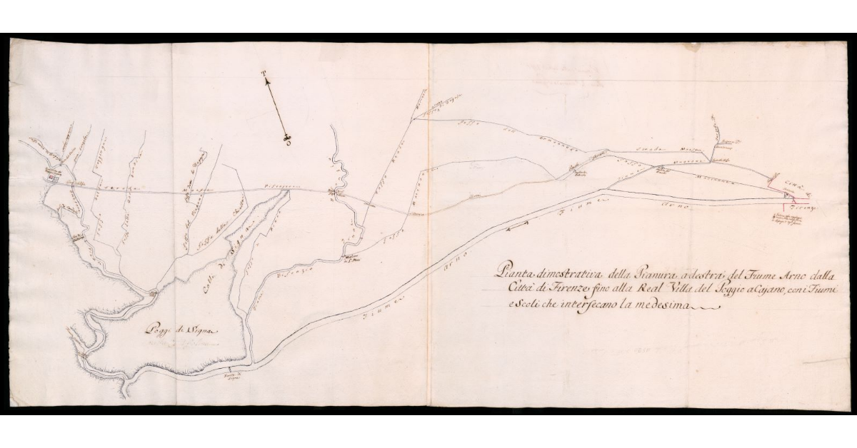 Pianta dimostrativa della pianura destra del fiume Arno dalla città di Firenze fino alla real villa del Poggio a Caiano con i fiumi e scoli che intersecano la medesima