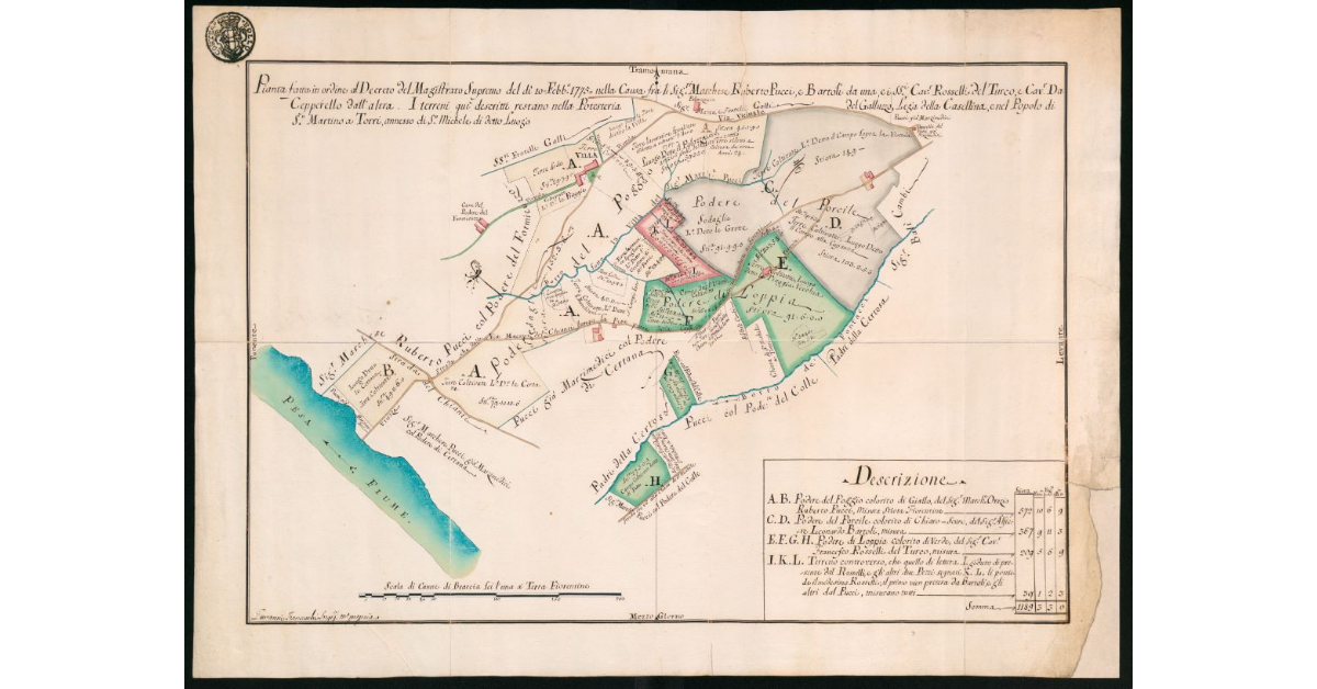 Pianta fatta in ordine al decreto del Mag. Supremo del dì 10 febbraio 1775 nella causa fra li Sig.ri Marchese Roberto Pucci e Bartoli da una, e i SS.ri Cav. Rosselli Del Turco e Cav. Da Cepperello dall'altra, i termini qui descritti restano nella podesteria del Galluzzo, lega della Casellina, e nel popolo di S.Martino a Torri, annesso di San Michele a Torri