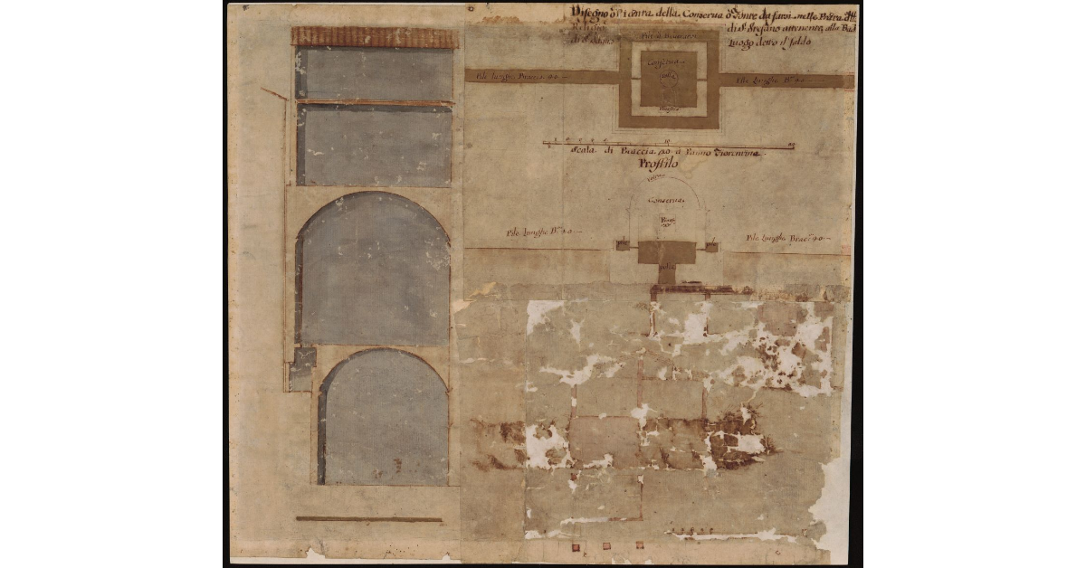 Disegno o pianta della conserva o fonte da farsi nella prata dell'Ill.ma Religione di S. Stefano attenente alla Badia di S. Savino luogo detto il Faldo e Profilo della medesima