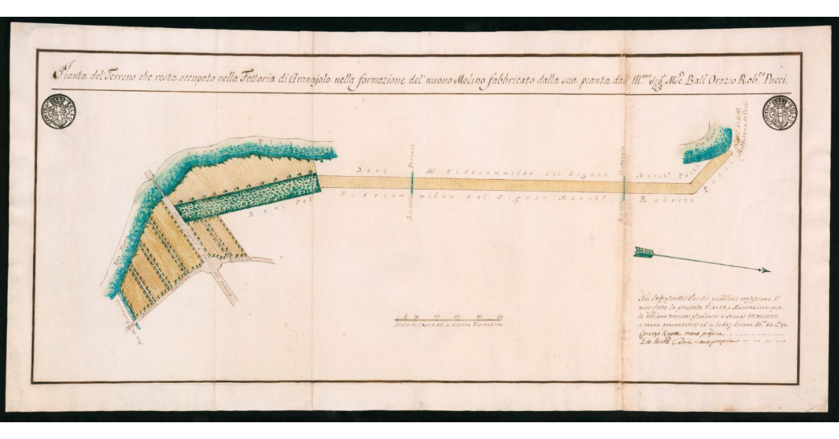 Pianta del terreno che resta occupato nella fattoria di Granaiolo nella formazione del nuovo mulino fabbricato della sue Pianta dall'Ill.mo Sig.M.se Balì Orazio Roberto Pucci