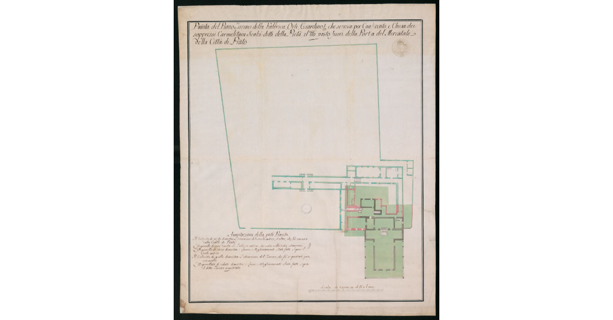 Pianta del piano terreno della fabbrica, orti, giardino che serviva per convento e chiesa dei soppressi carmelitani scalzi detti della pietà il tutto posto fuori della porta del Mercatale della città di Prato