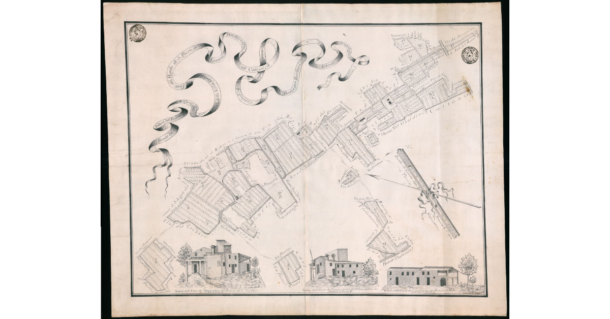 Pianta del Poderi del Trebbio, le Corti, de' Sodi e della Villa Rinalda posti nel popolo di S.Piero a Lecore potesteria di Campi di pertinenza dei Signori Francesco Barbani e Antonio Scardigli