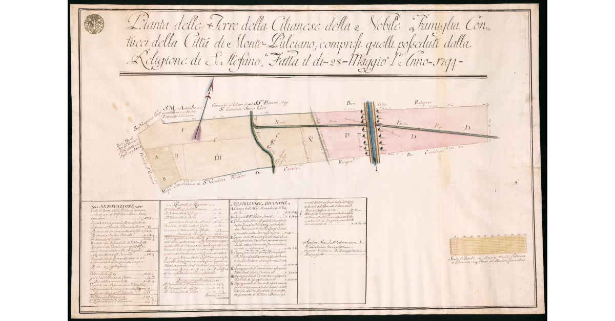 Pianta delle terre della Cilianese della Famiglia Contucci di Città di Monte-Pulciano compresi quelli posseduti dalla Rel. di S.Stefano fatta il 28 maggio 1794