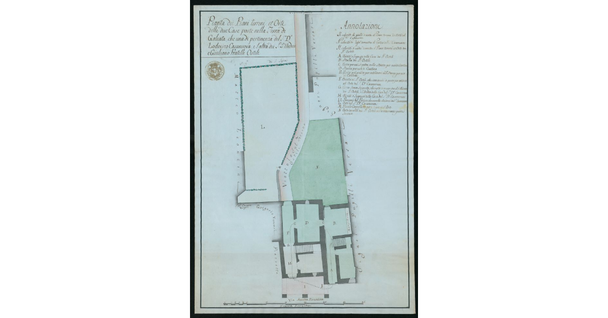 Pianta dei Piani Terreni et orti delle due case poste nella terra di Galeata, che una di pertinenza del Sig. Dott. Lodovico Casanuova e l'altra dei S. Dott. Andrea e Giuliano fratelli Ostili