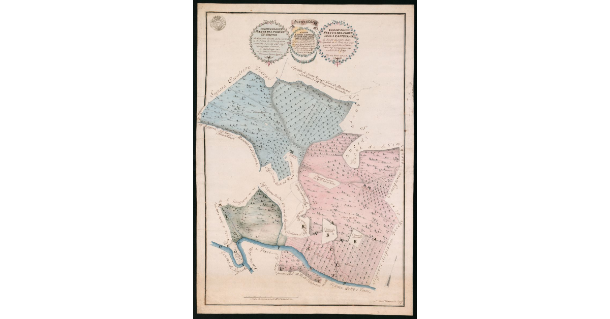 Pianta dei Poderi di Chiusi, della Casetta e della Castellaccia lunge il fiume detto Fosci di proprietà Vecchi e Ospedale di Santa Fina di S.Gimignano condotti da Gimignano Savorelli