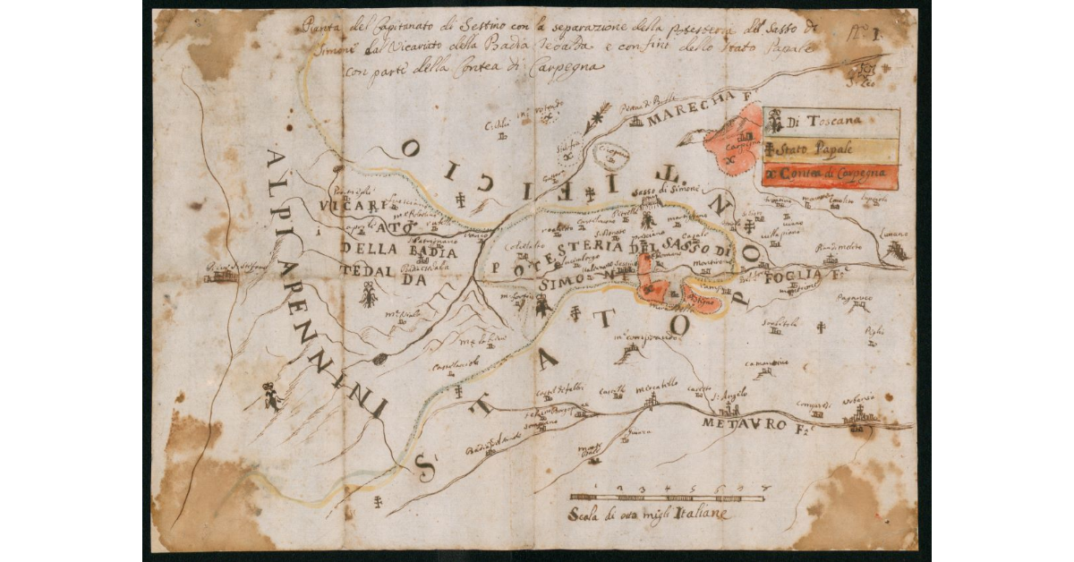 Pianta del capitanato di Sestino con la separazione della potesteria del Sasso di Simone dal vicariato della Badia Tedalda e confini dello stato papale con parte della contea di Carpegna