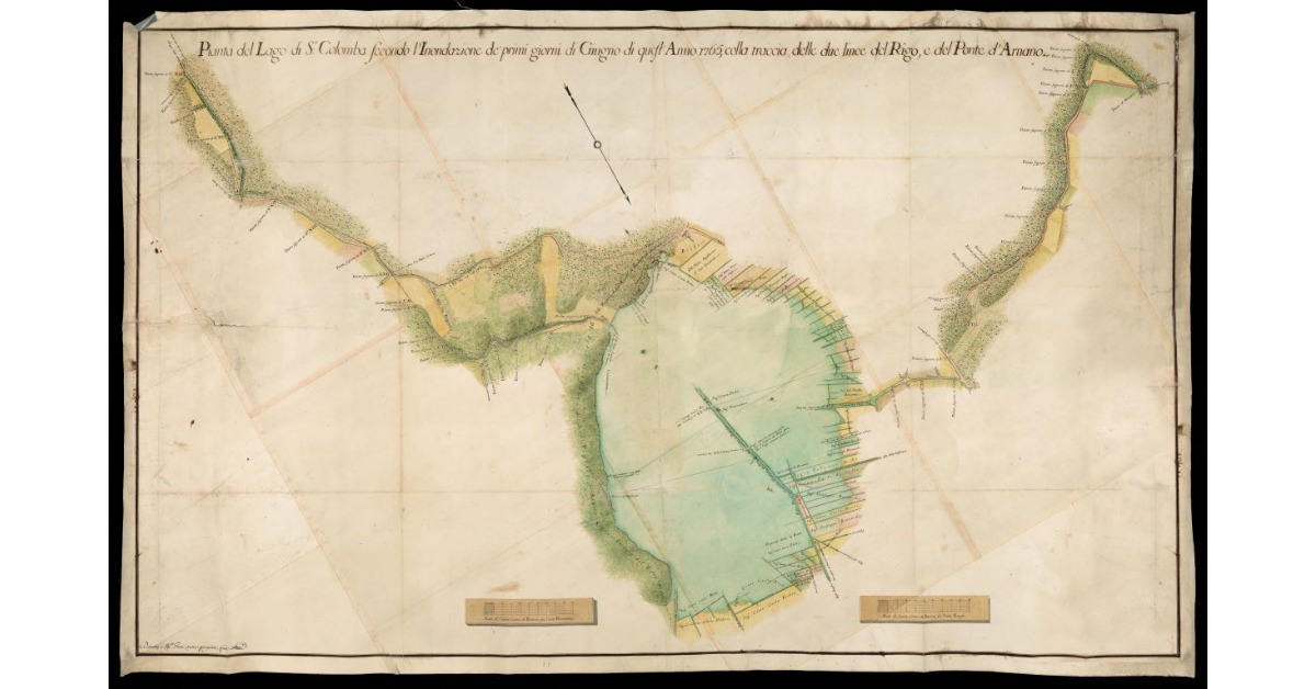 Pianta del Lago di S. Colomba secondo l’Inondazione de’ primi giorni di Giugno di quest’anno 1765, colla traccia delle due linee del Rigo, e del Ponte d’Arnano
