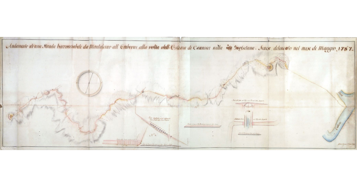 Andamento di una strada barrocciabile da Montalcino all'Ombrone alla volta dell'Osteria di Cannicci nella via Grossetano-Senese