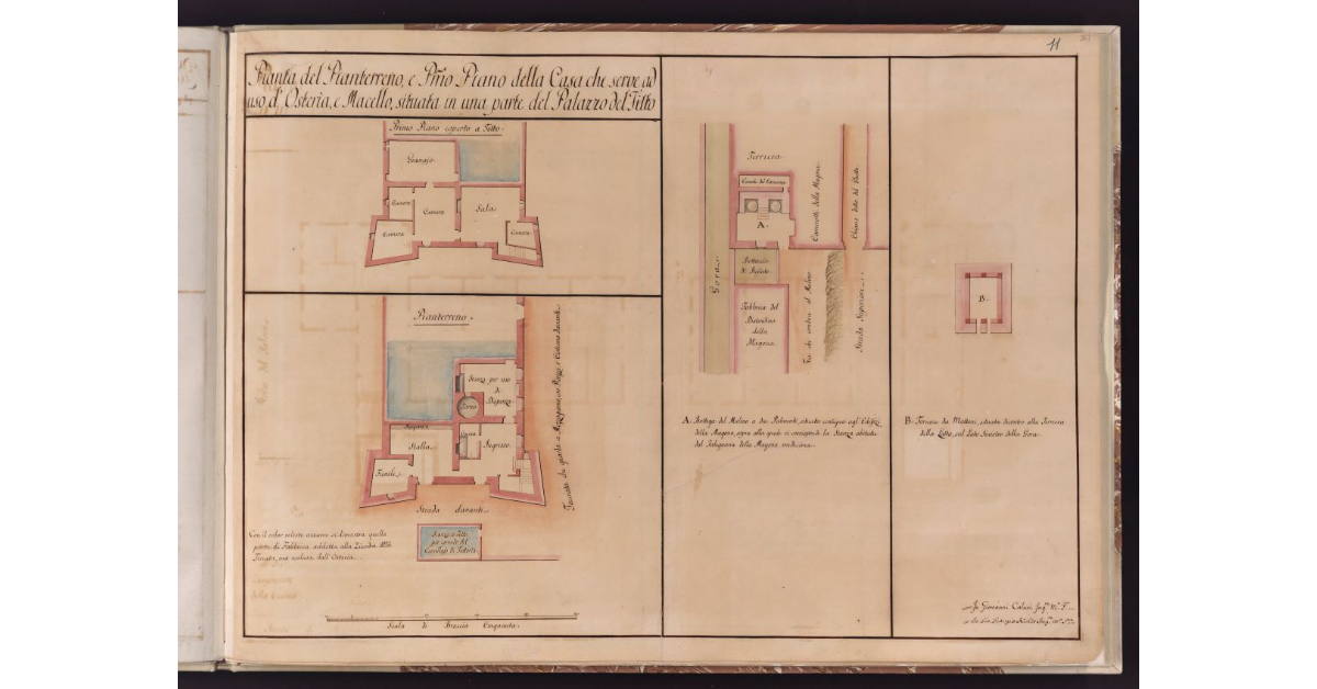 Pianta del Pianterreno e Primo Piano della Casa che serve ad uso d'Osteria, e Macello, situata in una parte del Palazzo del Fitto