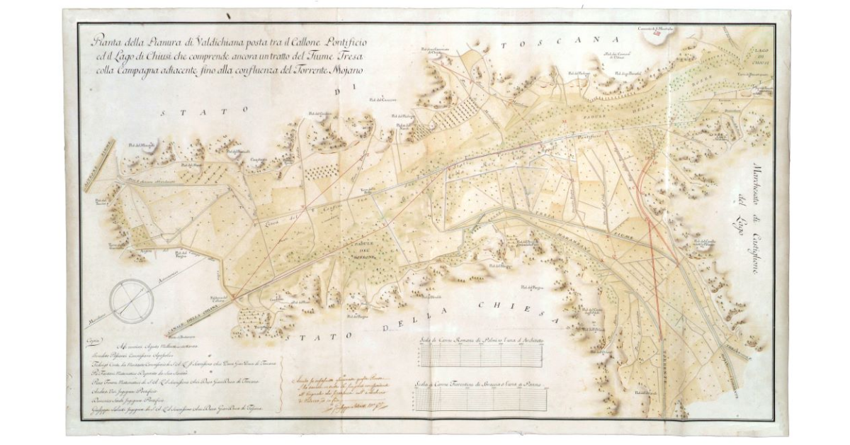 Pianta della Pianura di Valdichiana posta tra il Callone Pontificio ed il Lago di Chiusi che comprende ancora un tratto del Fiume Tresa colla Campagna adiacente fino al confluenza del Torrente Mojano
