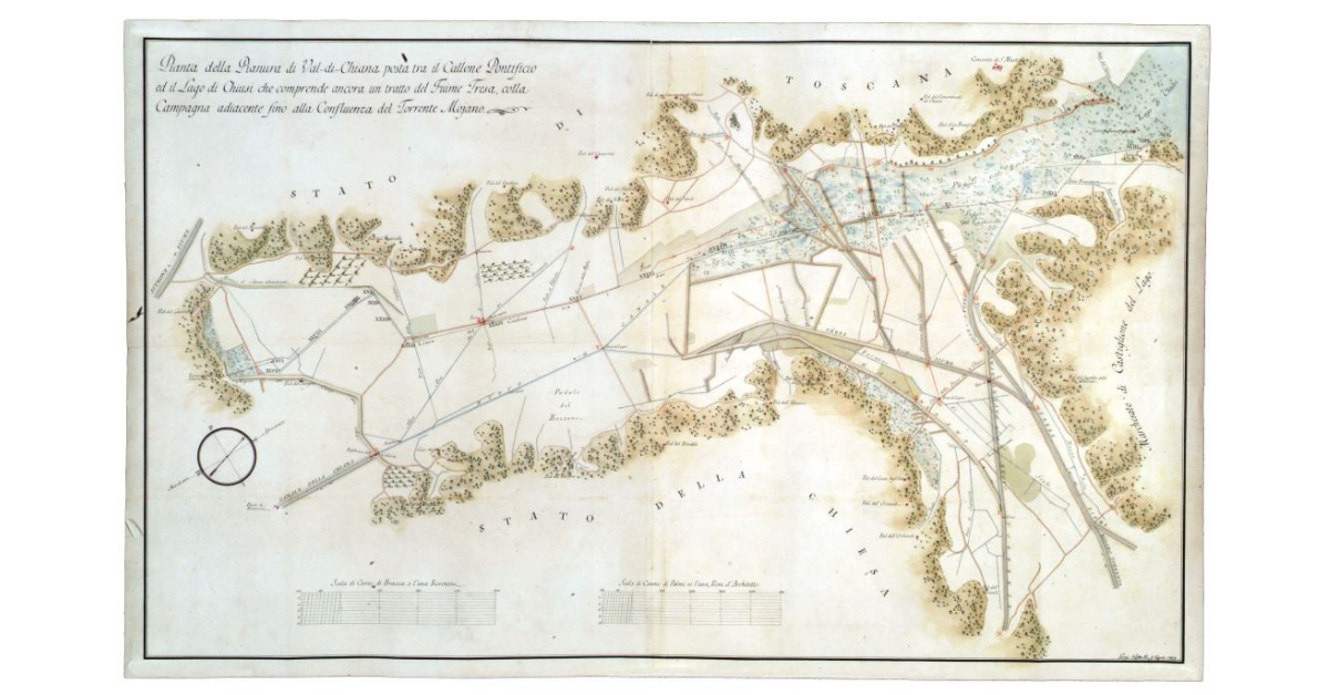 Pianta della Pianura di Val di Chiana posta tra il Callone Pontificio ed il Lago di Chiusi che comprende ancora un tratto del Fiume Tresa, colla Campagna adiacente fino alla Confluenza del Torrenete Mojano