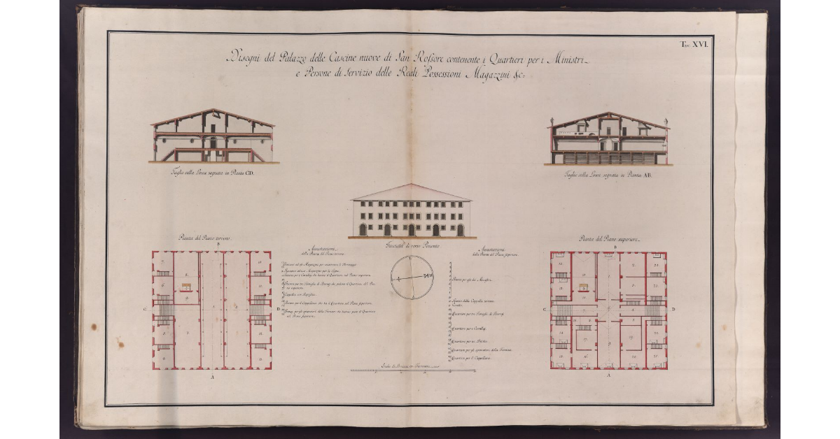 Disegni del Palazzo delle Cascine nuove di San Rossore contenente i Quartieri per i Ministri e Persone di Servizio delle Reali Possessioni Magazzini etc