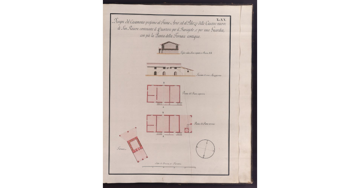 Disegni del Casamento prossimo al Fiume Arno, ed al Palazzo delle Cascine nuove di San Rossore contenente il Quartiere per il Barcajolo, e per una Guardia; con più la Pianta della Fornace contigua
