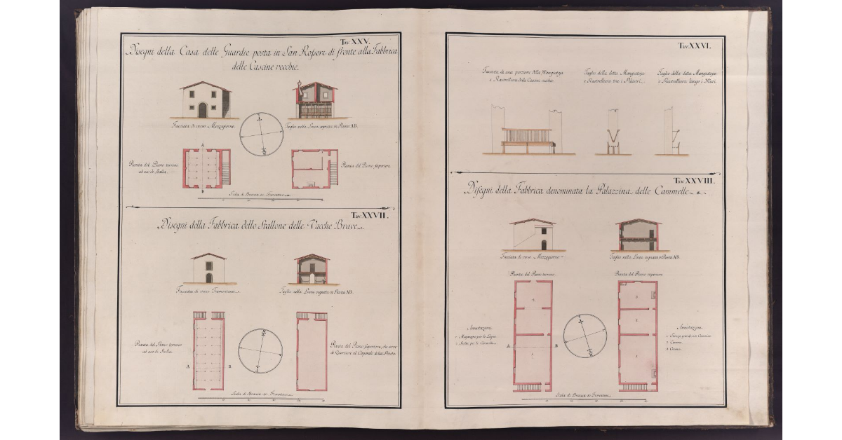 [Disegni relativi alla casa della Guardia, alla stalle delle vacche brade e alla Palazzina delle Cammelle nella tenuta di San Rossore]