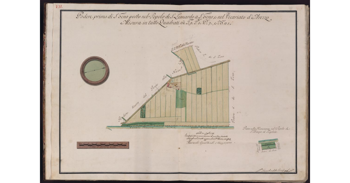 Podere primo di S. Zeno posto nel Popolo di S. Leonardo a S. Zeno, e nel Vicariato d'Arezzo. Misura in tutto Quadrati 68, Tavole 9, Pertiche 3, Deche 7, e Braccia quadre 1