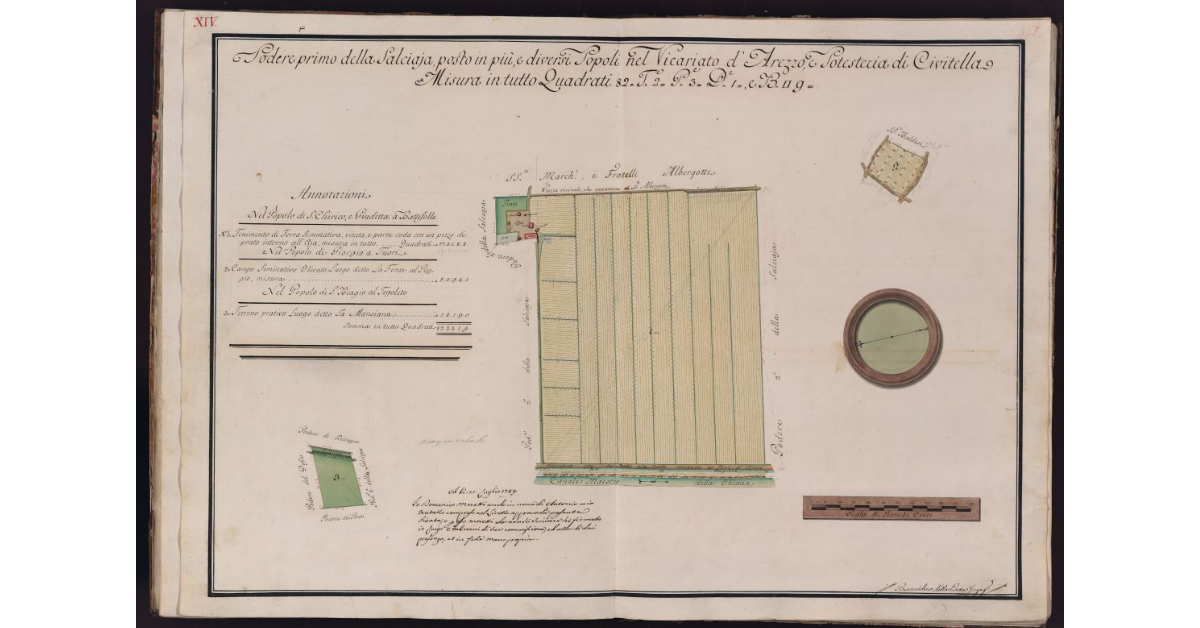 Podere primo della Salciaja, posto in più, e diversi Popoli nel Vicariato d'Arezzo, e Potesteria di Civitella. Misura in tutto Quadrati 82, Tavole 2, Pertiche 3, Deche 1, e Bracia quadre 9