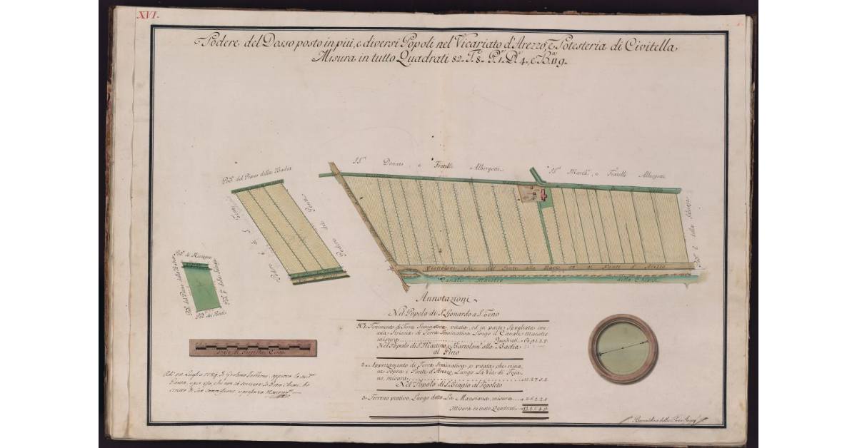 Podere del Dosso posto in più, e diversi Popoli nel Vicariato d'Arezzo, e Potesteria di Civitella. Misura in tutto Quadrati 82, Tavole 8, Pertiche 1, Deche 4, e Braccia quadre 9
