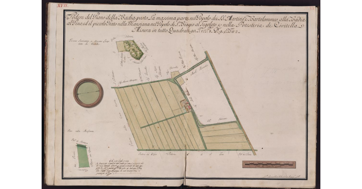 Podere del Piano della Badia posto La massima parte nel Popolo dei SS. Martino, e Bartolommeo alla Badia al Pino, ed il piccolo Prato nella Mansiana nel Popolo di S. Biagio al Tegoleto, e nella Potesteria di Civitella. Misura in tutto Quadrati 90, Tavole 1, Pertiche 8, Deche 9, e Braccia quadre 2