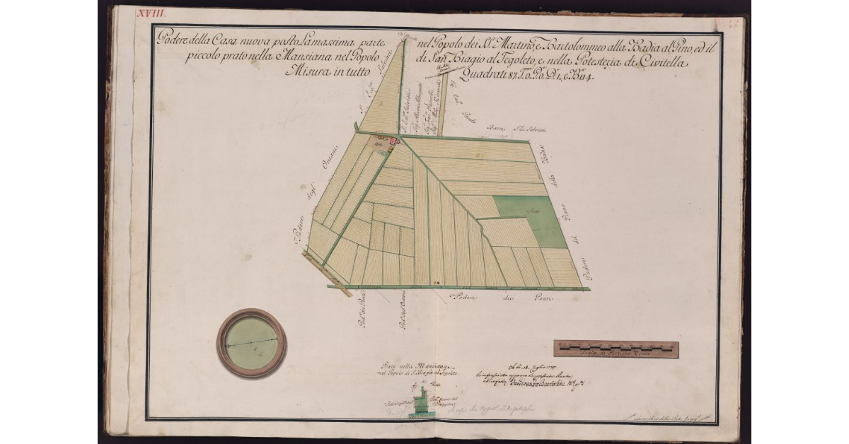 Podere della Casa nuova posto La massima parte nel Popolo dei SS. Martino e Bartolommeo alla Badia al Pino, ed il piccolo prato nella Mansiana nel Popolo di S. Biagio al Tegoleto, e nella Potesteria di Civitella. Misura in tutto Quadrati 87, Tavole 0, Pertiche 0, Deche 1 e Braccia quadre 4