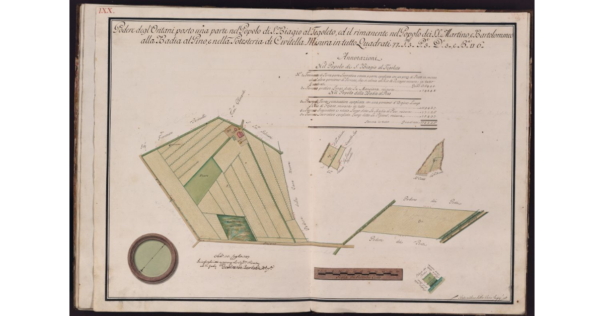 Podere degl'Ontani, posto una parte nel Popolo di S. Biagio al Tegoleto, ed il rimanente nel Popolo dei SS. Martino e Bartolommeo alla Badia del Pino, e nella Potesteria di Civitella. misura in tutto Quadrati 77, Tavole 3, Pertiche 3, Deche 3, e Braccia quadre 6