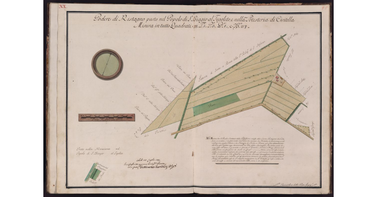 Podere di Ristagno posto nel Popolo di S. Biagio al Tegoleto, e nella Potesteria di di Civitella. Misura in tutto Quadrati 77, Tavole 1, Pertiche 3, Deche 1, e Braccia quadre 7