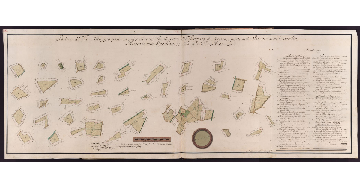 Podere di Vico Maggio posto in più, e diversi Popoli, parte nel Vicariato d'Arezzo, e parte nella Potesteria di Civitella. Misura in tutto Quadrati 77, Tavole 9, Pertiche 2, Deche 5, e Braccia quadre 3