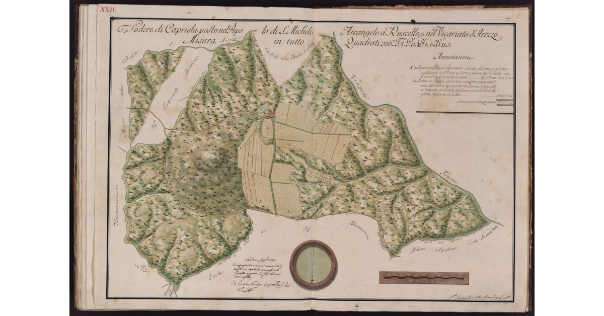 Podere di Capriola posto nel Popolo di S. Michele Arcangelo a Ruscello, e nel Vicariato d'Arezzo. Misura in tutto Quadrati 236, Tavole 7, Pertiche 0, Deche 1, e Braccia quadre 3
