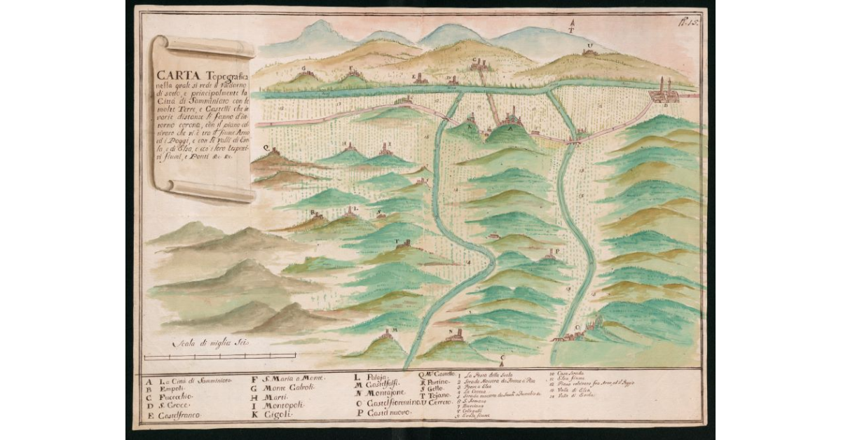 Carta topografica nella quale si vede il Valdarno di sotto e principalmente la città di Samminiato con le molte terre e castelli che in varie distanze li fanno d'intorno corona, con il piano coltivato che vi è tra il fiume Arno ed i poggi con le valli di Evola, Elsa e col loro rispettivi fiumi e ponti . .