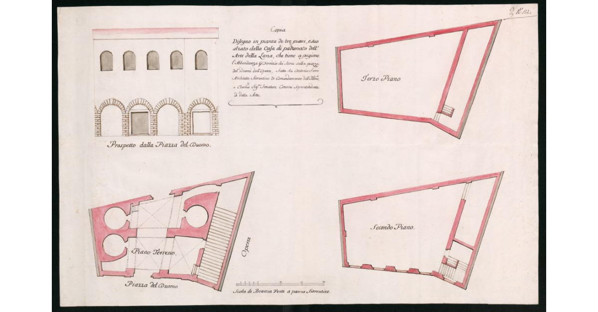 Disegno in pianta dei tre piani e suo alzato della casa di padronato dell'arte della lana [a Firenze]