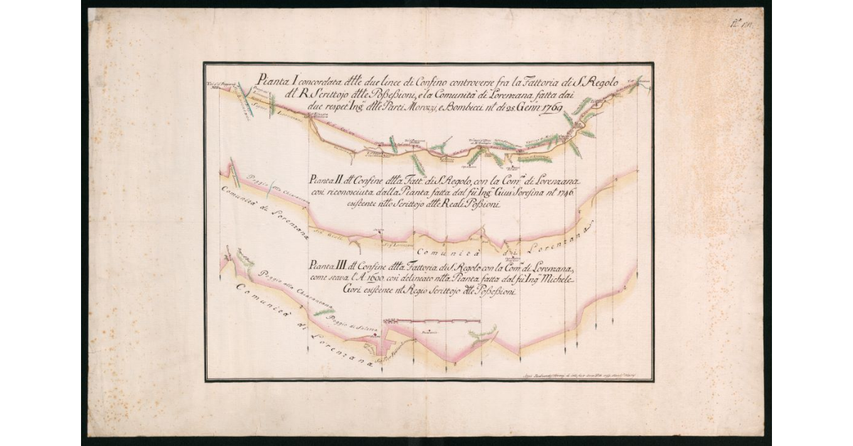 [Pianta delle diverse linee di confine al 1769, al 1746 e al 1690 tra la fattoria granducale di S.Regolo e la Comunità di Lorenzana nel territorio Piano]