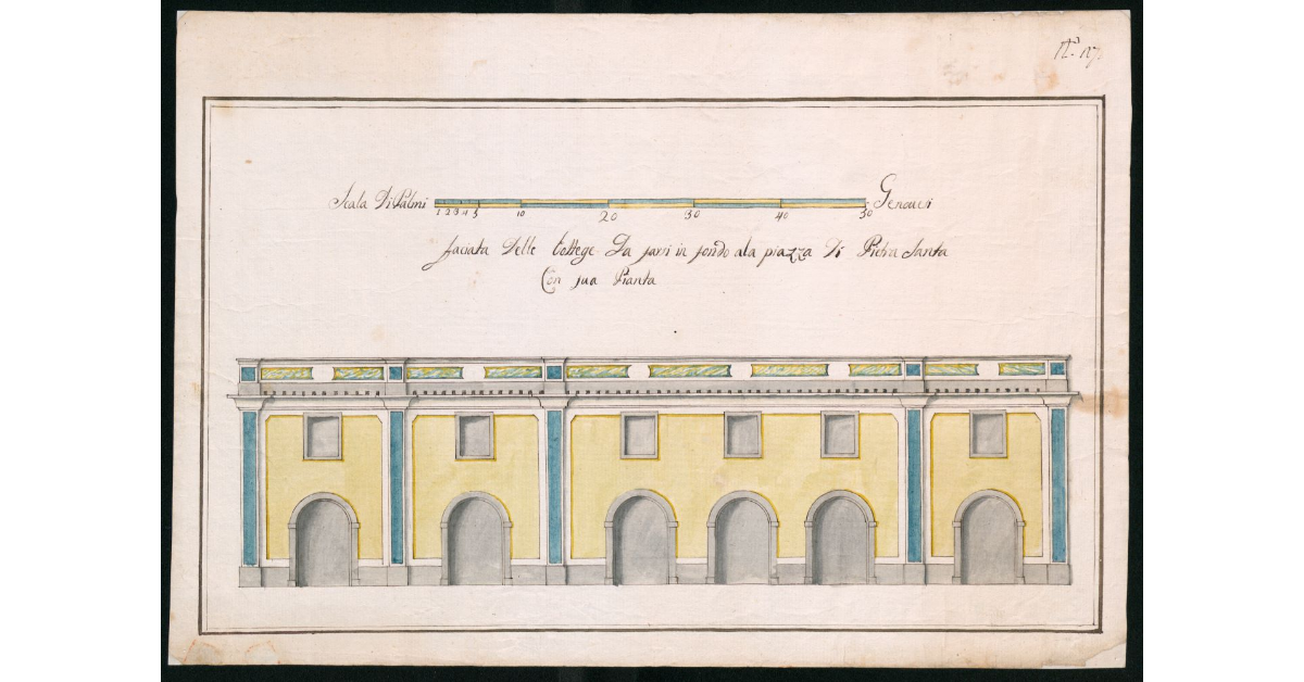 Facciata delle botteghe da farsi in fondo alla piazza di Pietrasanta, con sua pianta