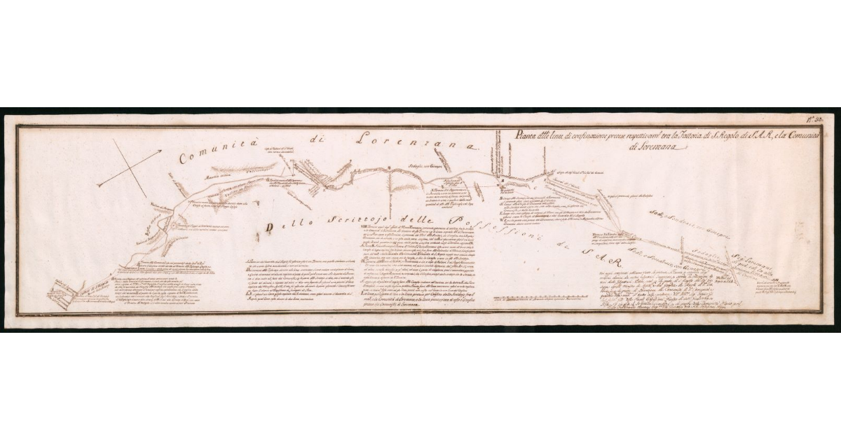 Pianta delle linee di confinazione pretese rispettivamente tra la fattoria di S.Regolo di S.A.R. e la comunità di Lorenzana