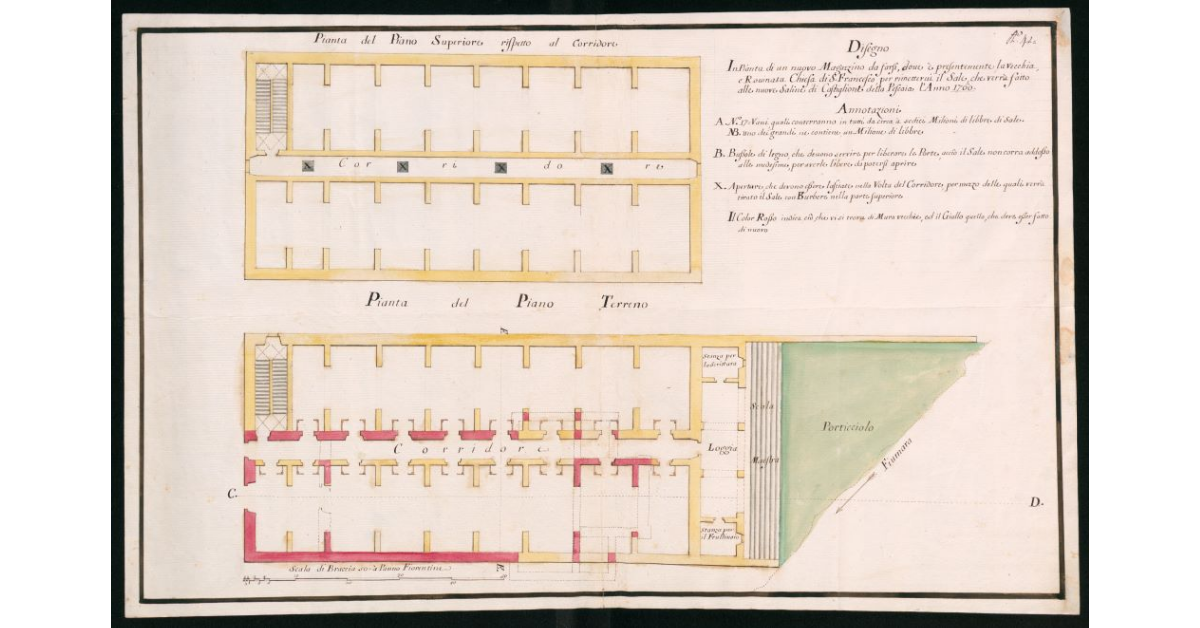 Disegno in pianta di un nuovo magazzino da farsi dove è presentemente la vecchia rovinata chiesa di S.Francesco, per rimettervi il sale, che verrà fatto nelle nuove saline di Castiglione della Pescaia