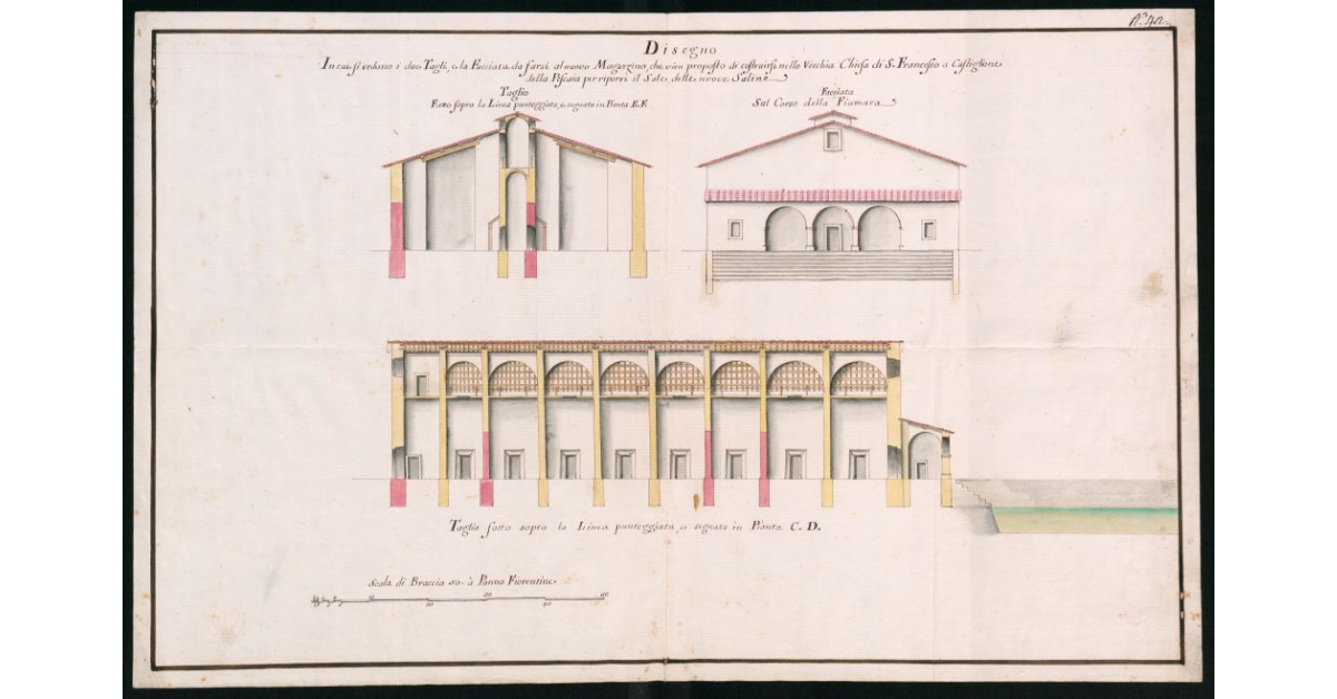 Disegno in cui si vedono i due tagli e la facciata da farsi al nuovo magazzino, che vien proposto di costruire nella vecchia chiesa di S.Francesco a Castiglione della Pescaia per riporvi il sale delle nuove saline