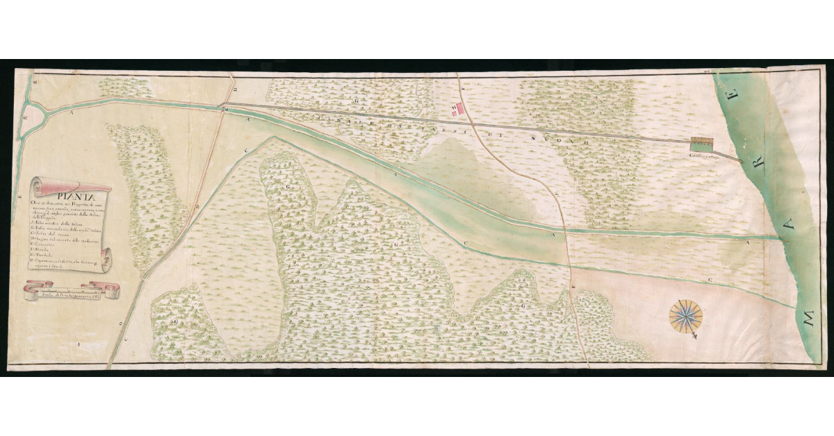 Pianta ove si dimostra un progetto di una nuova foce, canale, conservatorio e macchine per il miglior governo delle saline della Trappola