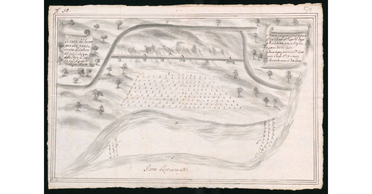 Pianta del lavoro fatto alla frana venuta al condotto dell'acqua salsa delle Moie di Vol-terra verso il luogo detto il Leon morto