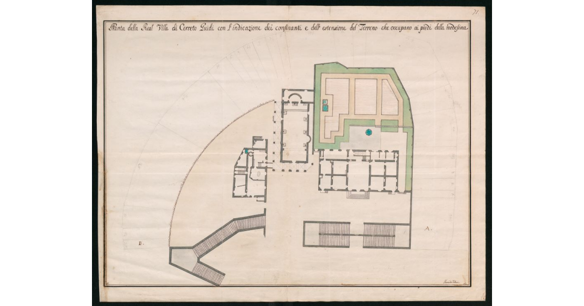 Pianta della Real Villa di Cerreto Guidi con l'indicazione dei confinanti e dell'estensione del terreno che occupano ai piedi della medesima