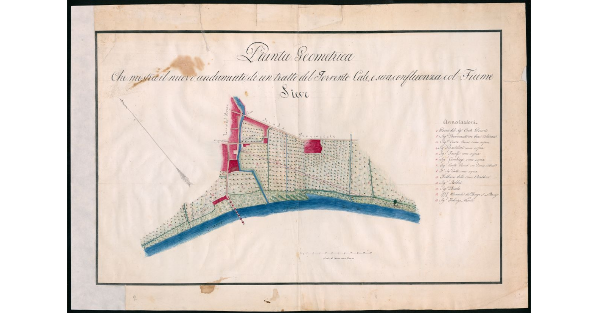 Pianta geometrica che mostra il nuovo andamento di un tratto del torrente Cale e sua confluenza col fiume Sieve