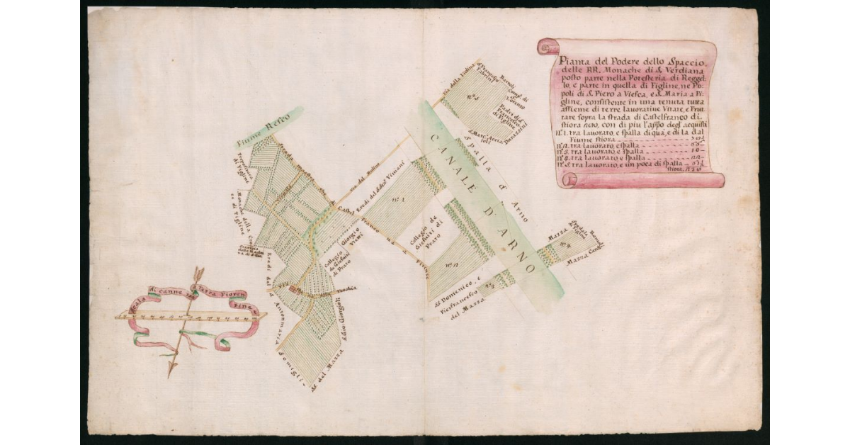 Pianta del podere dello Spaccio delle RR.monache di S.Verdiana, posto parte nella podesteria di Reggello e parte in quella di Figline nei popoli di S.Piero a Viesca e S.Maria a Figline