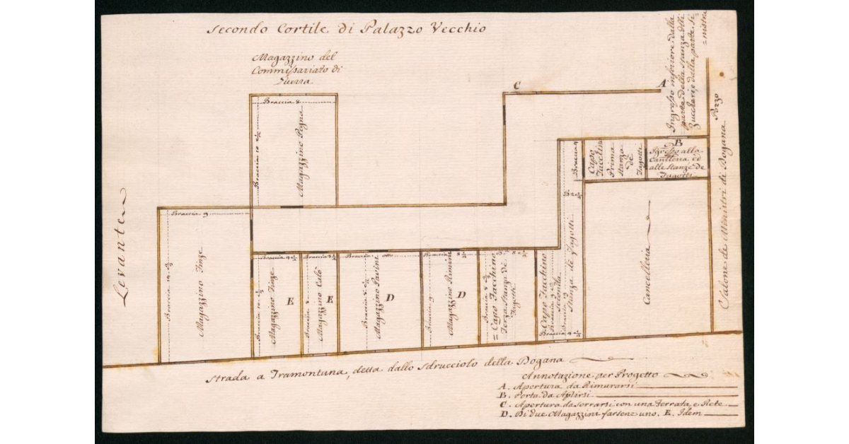 Planimetria di un edificio ad uso di magazzini di particolari e dogana con cancelleria e salone dei banchi dei ministri