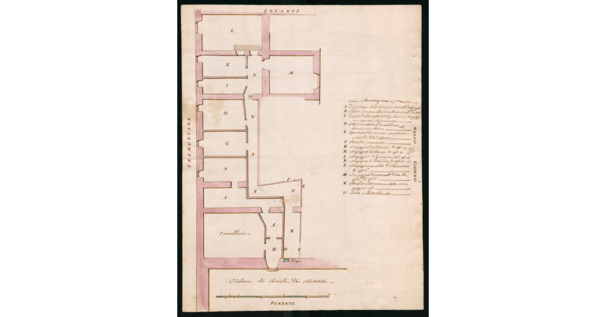 Planimetria di un edificio ad uso di magazzini di particolari e dogane con cancelleria e salone dei banchi dei Ministri